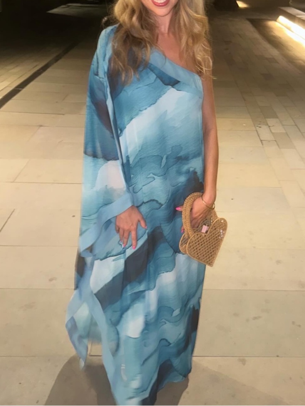 JLUXLABEL Blue Watercolor One-Shoulder Caftan Dress